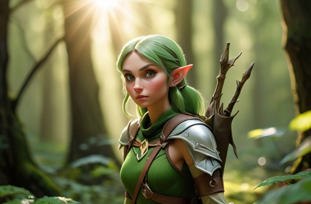 Prompt: Elf ranger in a mystical forest around sunlight