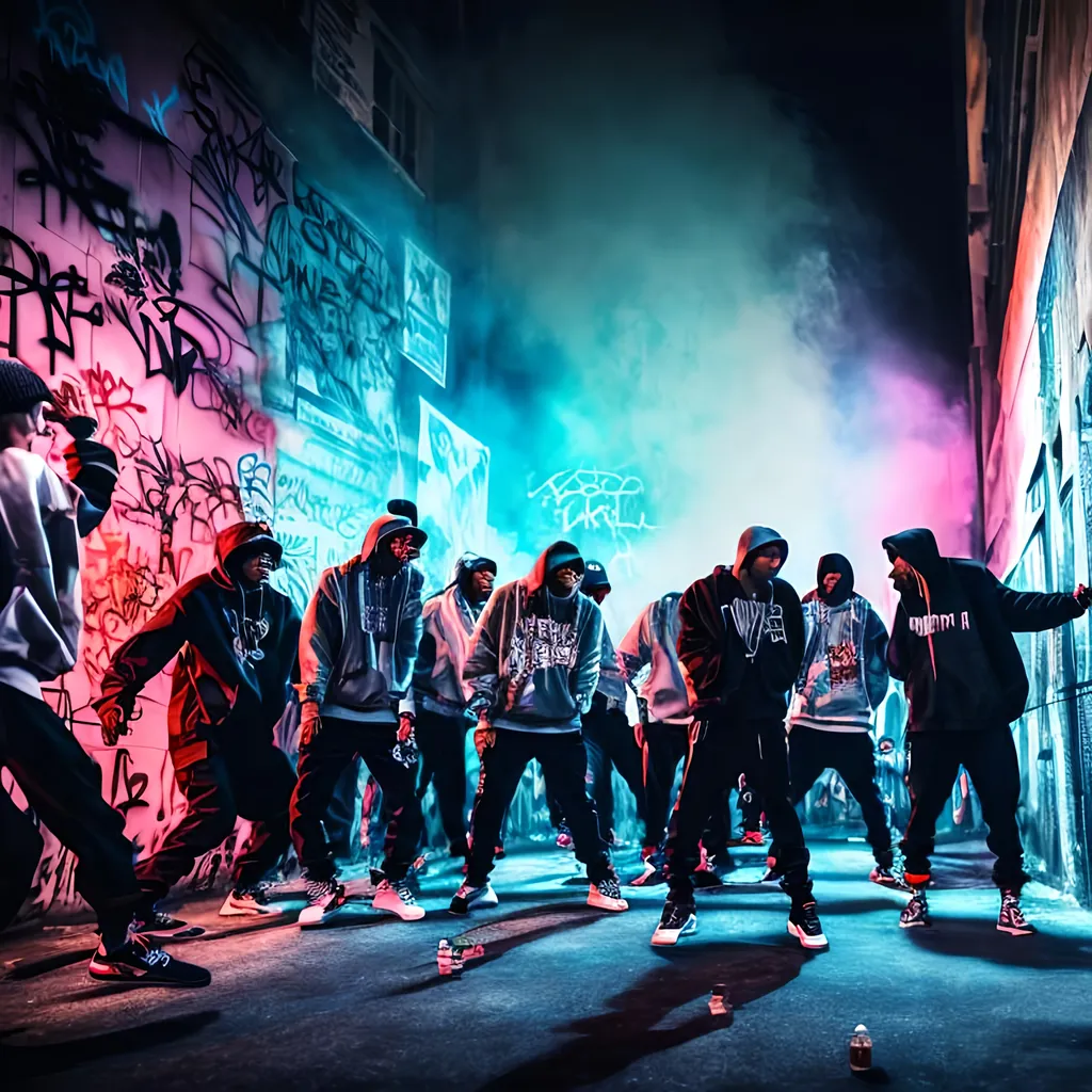 Prompt: rap battle in the streets with graffiti on walls dark colors , haze, neon lights, high resolution, 4k, detailed, high quality, professional