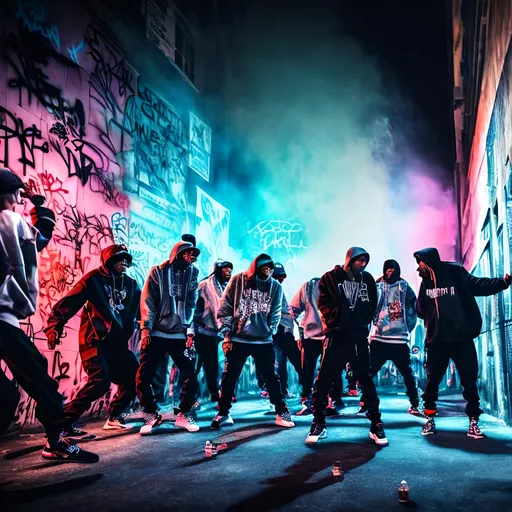 Prompt: rap battle in the streets with graffiti on walls dark colors , haze, neon lights, high resolution, 4k, detailed, high quality, professional