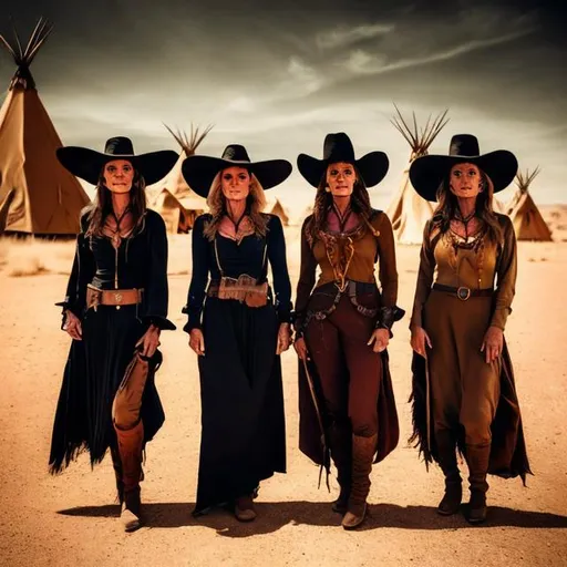 Prompt: Three witches in the desert in front of teepees, dressed as old western style gunslingers
