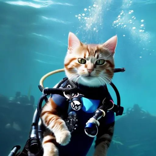 Prompt: Cat under the ocean in a scuba suit