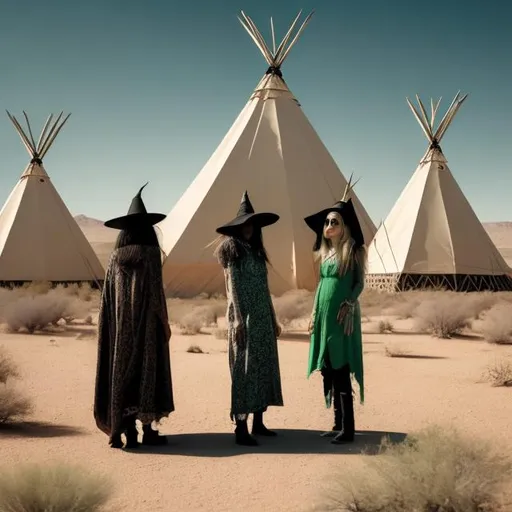 Prompt: Two witches in the desert in front of teepees with a green alien locked up in one of the teepees
