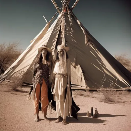 Prompt: Two witches in the desert in front of a Teepee climbing old board of UFO