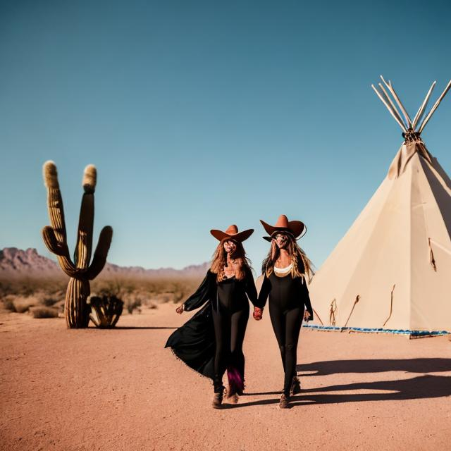 Prompt: Two witches in the desert in Front of a Teepee wearing spandex and kissing