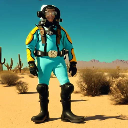 Prompt: Cartoon, cowboy in the desert, wearing a scuba suit with flippers  on