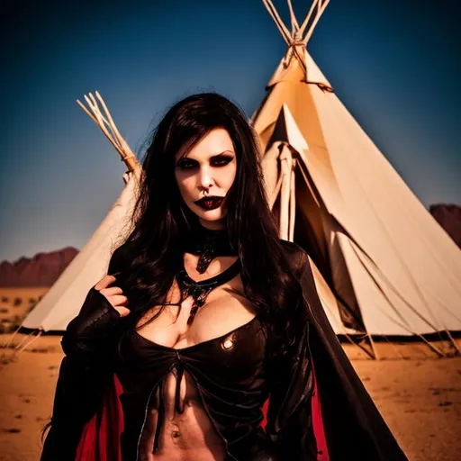 Prompt: Vampire women in front of a Teepee in the desert