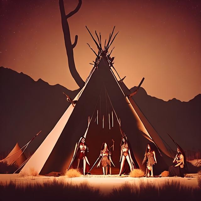 Prompt: Vampire witches in the desert in front of their Teepee surrounding a man