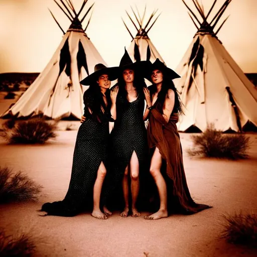 Prompt: Three witches in the desert in front of teepees on their knees, passionately, kissing