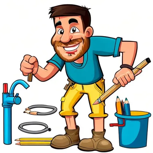 Prompt: Cartoon a Carpenter, with a pencil in his ear trying to do plumbing work