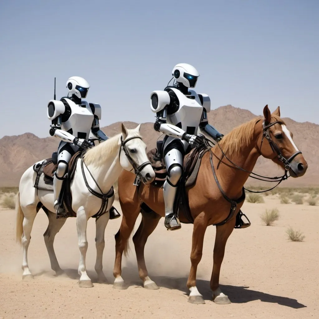 Prompt: Artificial, intelligent robots in the desert on horseback