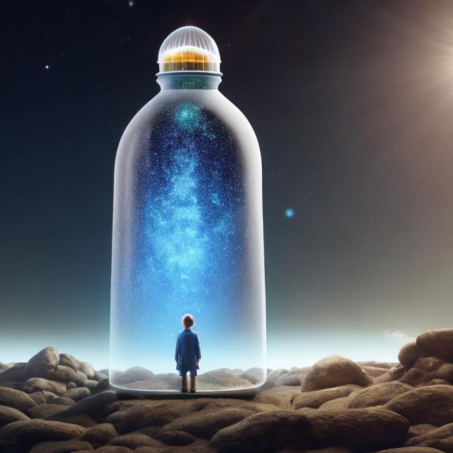 Prompt: A little boy standing in a giant bottle, looking up at the top of it. All he sees, is an open top in the sky no way out.