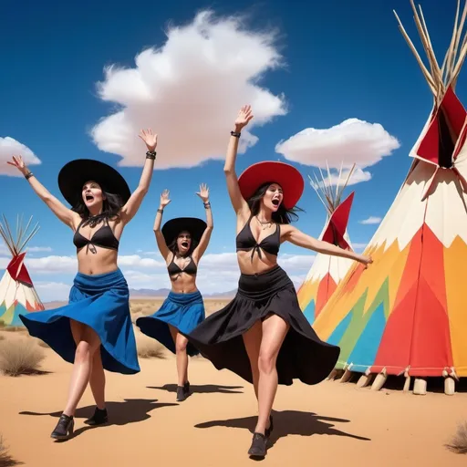 Prompt: Three witches in the desert in front of teepees  doing aerobics