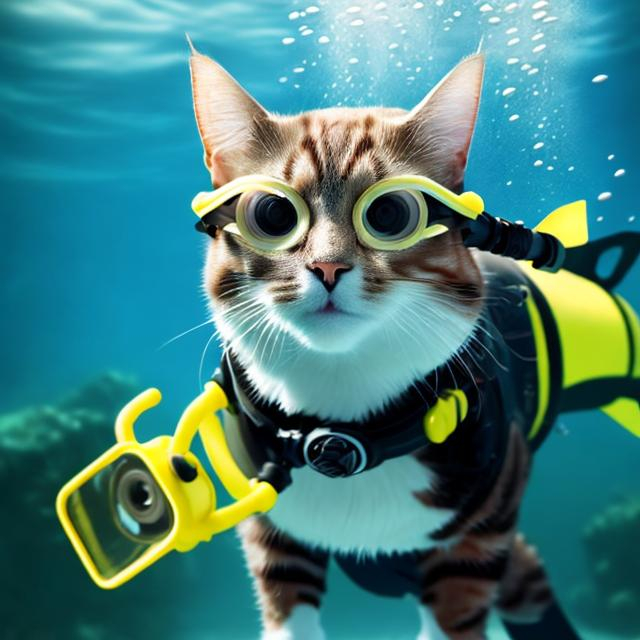 Prompt: Cat with a scuba mask on under the water