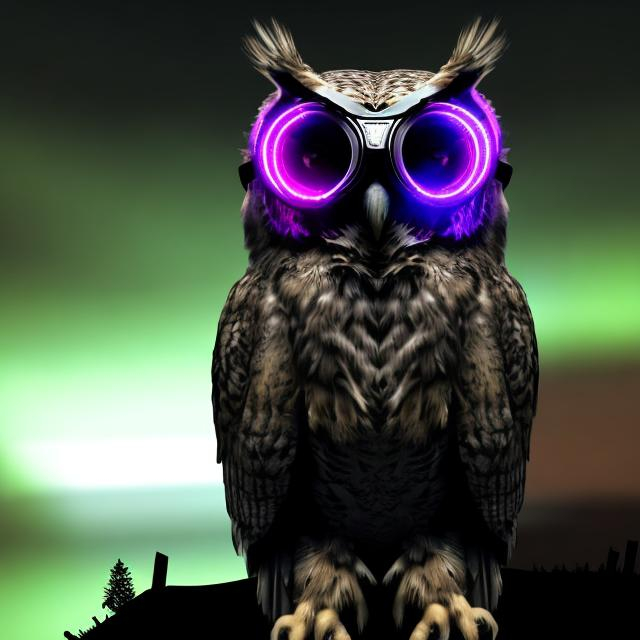 Prompt: One owl in the dark wearing night vision goggles