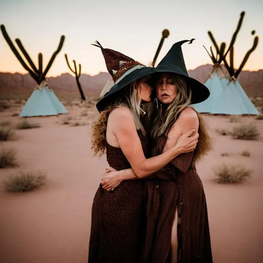 Prompt: Two witches in the desert in front of  teepees hugging and kissing