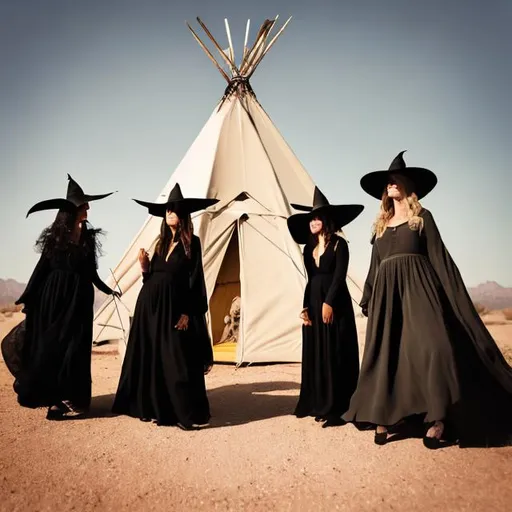 Prompt: Three witches in the desert, trying to get a black cat out of the Teepee