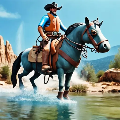 Prompt: Cartoon of an old western looking cowboy, crossing a river with his horse, he sprayed water, so he’s wearing a scuba suit with the flippers sticking out of his stirrups