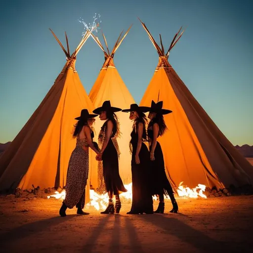 Prompt: Three witches in the desert in front of teepees passionately, kissing