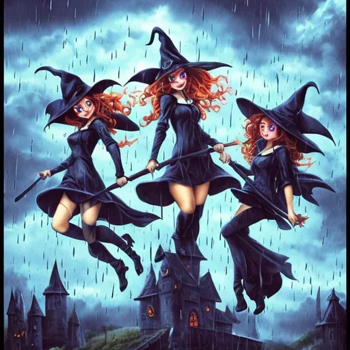 Prompt: Sadistic witches flying in a rainstorm