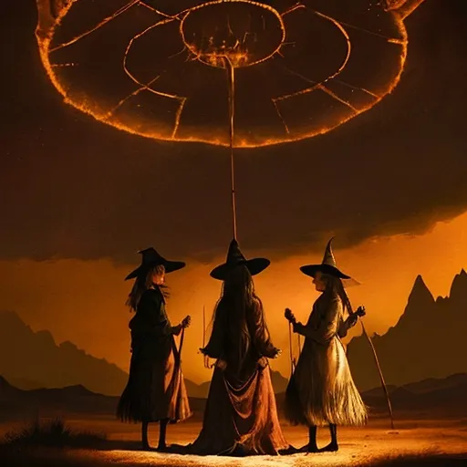 Prompt: Witches on broomsticks flying to desert camp, teepees, magical realism, atmospheric lighting, warm tones, high quality