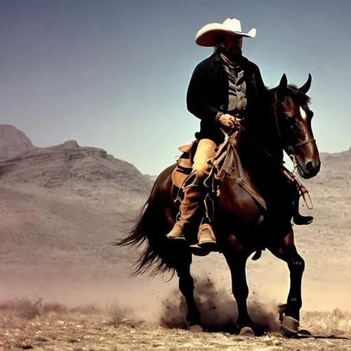 Prompt: The western old, cowboy Tougher than leather, with a full-time, go-getter and grass, never grew beneath his feet from one town to another. He would ride like the wind. On his rage in Black stallion.