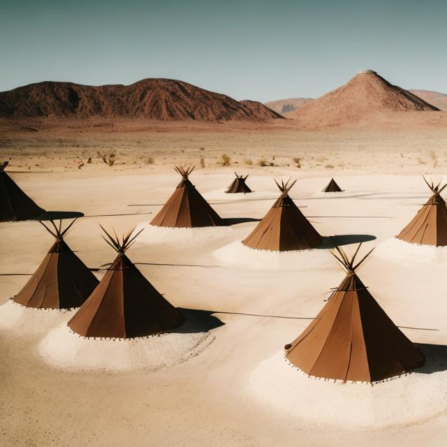 Prompt: Coffins in the desert sitting in front of teepees