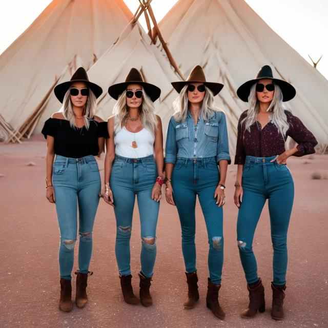 Prompt: Three witches in the desert in front of teepees wearing very tight denim jeans