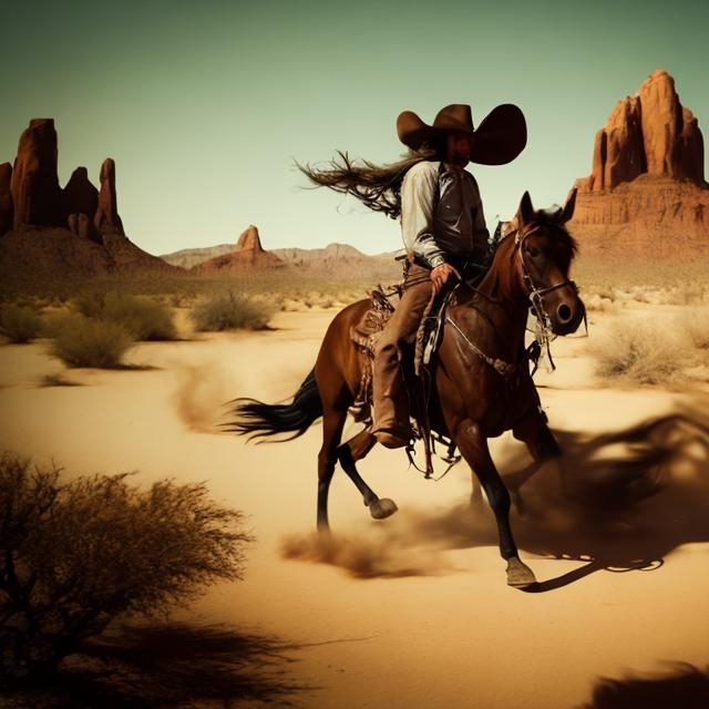 Prompt: Cowboy in the desert, being chased by three witches