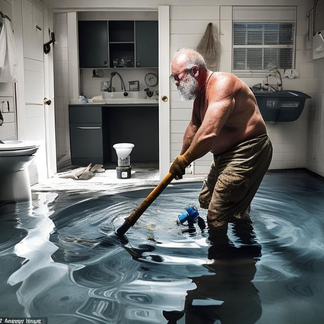 Prompt: Maintenance man under the water with a commode plunger in his hand