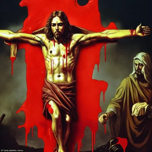 Prompt: I really bloody Jesus on the cross with a pool of blood around the cross and blood dripping off of his face and arms and elbow