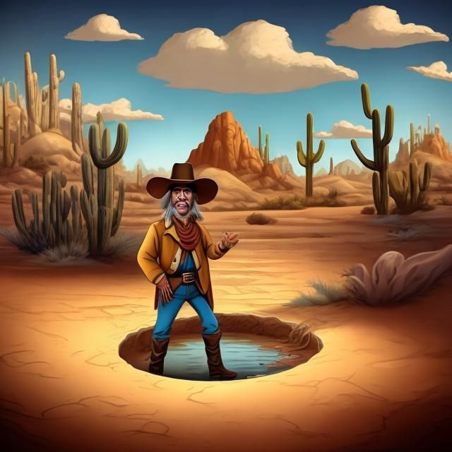 Prompt: Cartoon old, western, looking cowboy in a hole in the desert standing in water