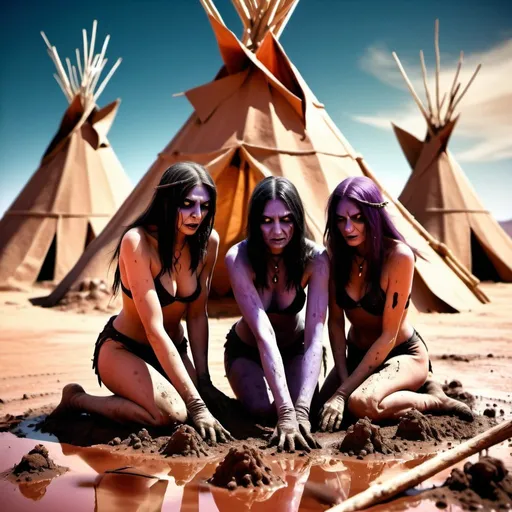 Prompt: Three witches mud wrestling in the desert, teepees in the background, dusty and rugged, high quality, vibrant and surreal, mystical and eerie vibe, desert color palette, dramatic and intense lighting, 3D rendering, detailed facial expressions, magical atmosphere