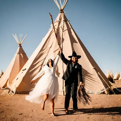 Prompt: Witches in the desert, in front of their teepees, jumping on the broom, sticks and flying off