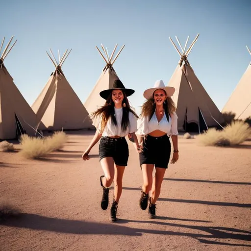 Prompt: Witches in shorts in the desert in front of their teepees, running off a stranger on their broomsticks