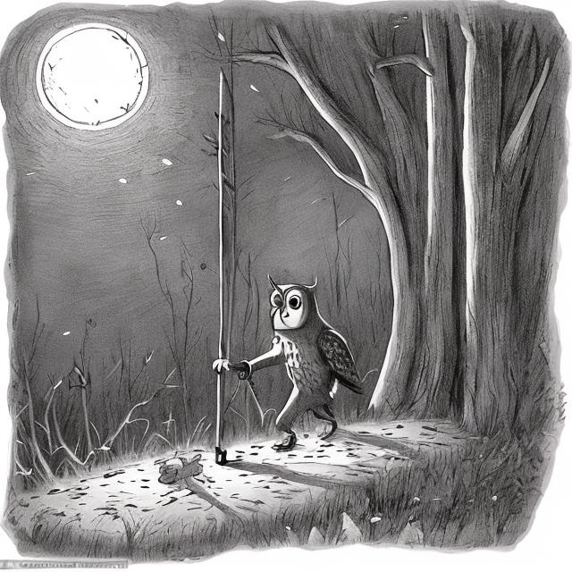 Prompt: Cartoon, a blind, owls, walking in the dark, trying to find his way with a Walkingstick, wearing dark shades