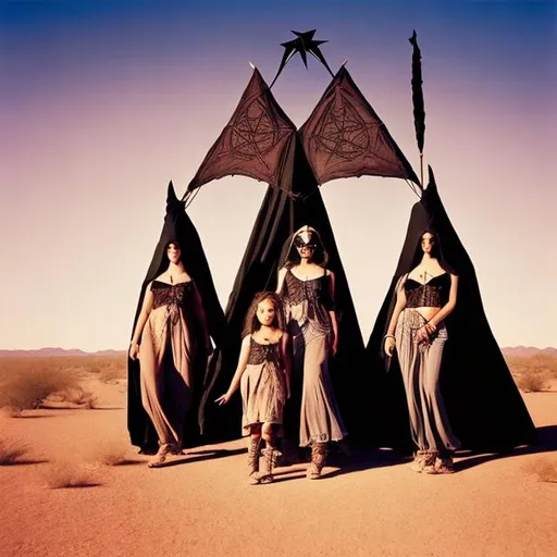 Prompt: A big Teepeein the desert, with a big pentagram painted on it, with three witches standing in front of it