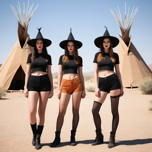 Prompt: Three witches in the desert in front of teepees wearing  tight shorts 