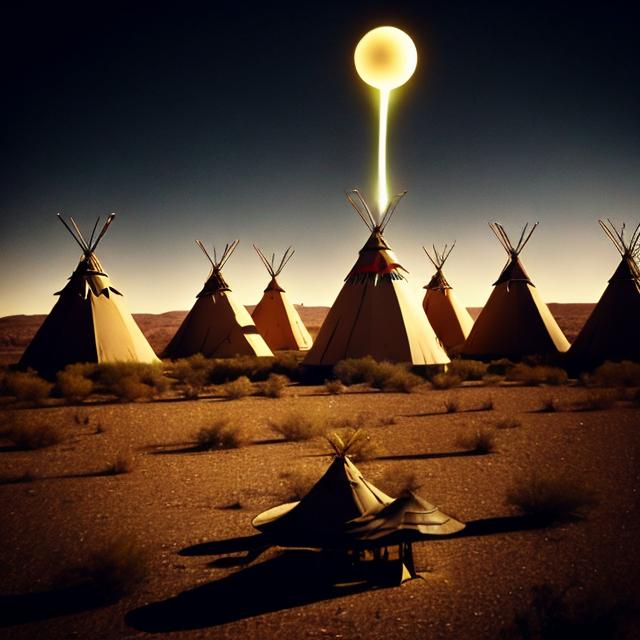 Prompt: Witches in the desert flying around  a ufo trying to capture it above their teepees