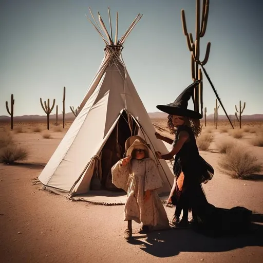 Prompt: A witch in the desert in front of a Teepee holding up a glass jar with a little boy in it