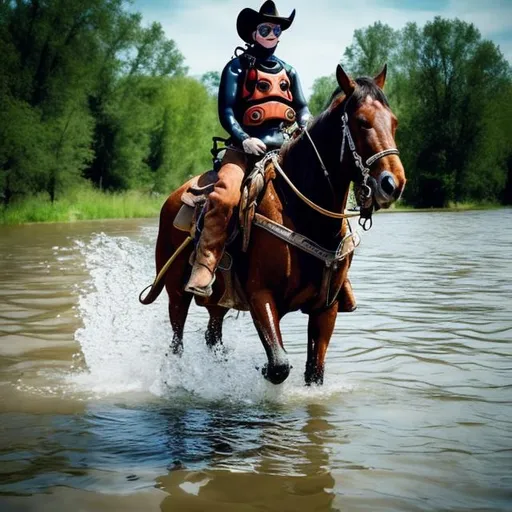 Prompt: I cowboy riding a horse scared of water, wearing a scuba suit crossing a river