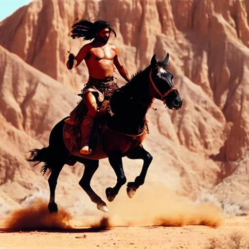 Prompt: Comanche warrior in the desert, jumping off of his horse on the buffaloes back