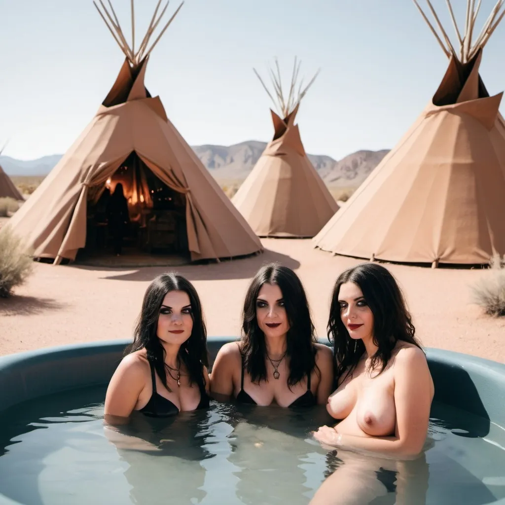 Prompt: Three witches in the desert in front of teepees in a hot tub