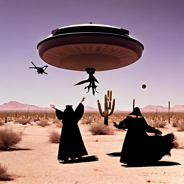 Prompt: Witches in the desert, flying around a UFO trying to capture it