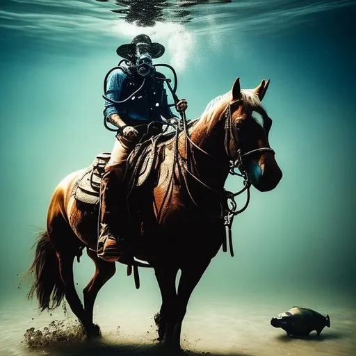 Prompt: Cowboy under the water, his horse is wearing a breathing apparatus over his head