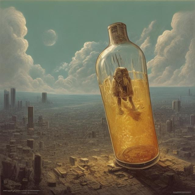 Prompt: A little boy standing in a giant bottle, looking up at the top of it. All he sees, is an open top in the sky no way out.