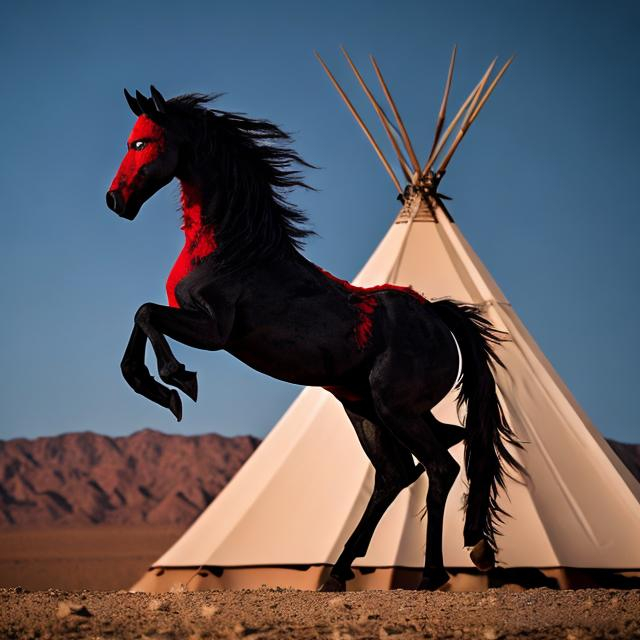 Prompt: A raging black stallion with red eyes in the desert in front of a  teepee