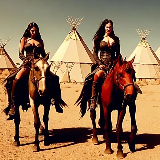 Prompt: Vampire women riding a horse in the desert around the teepees