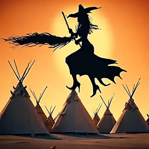 Prompt: A witch riding her broom over a bunch of teepees in the desert sands