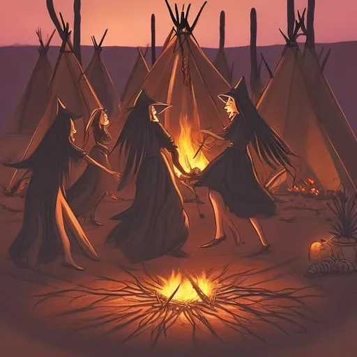 Prompt: Witches dancing in a circle around the fire, holding hands in the desert at night in front of a Teepee