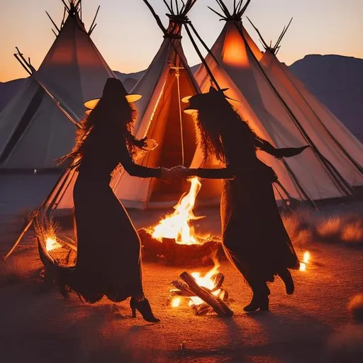 Prompt: Witches dancing in a circle around the fire, holding hands in the desert at night in front of a Teepee